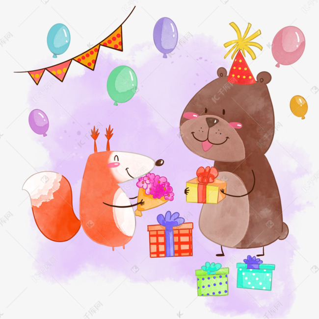水彩卡通熊与松鼠过生日