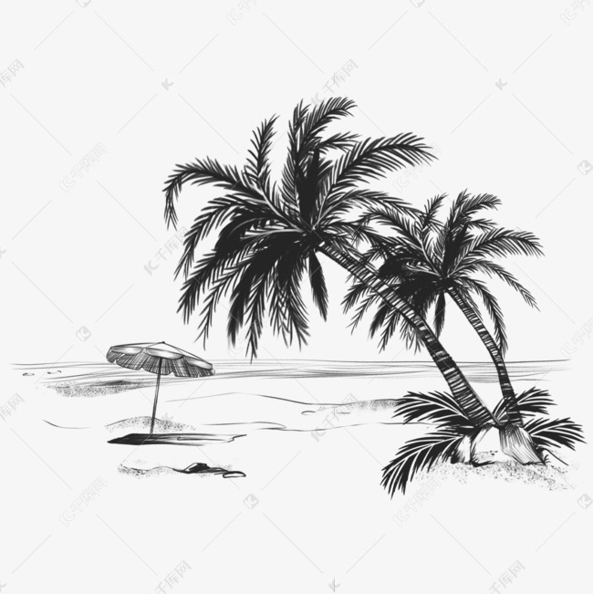 素描黑白夏日清爽沙滩海岛