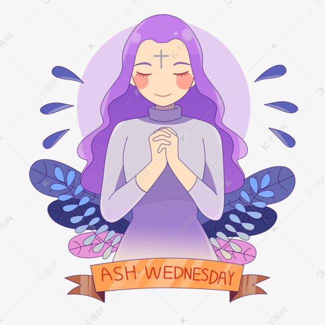 圣灰星期三闭眼睛做祈祷的紫发女孩子素材2021-08-1