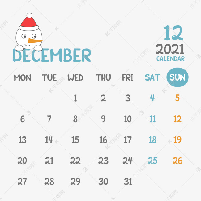 卡通可爱雪人日历21年十二月日历素材图片免费下载 高清psd 千库网 图片编号