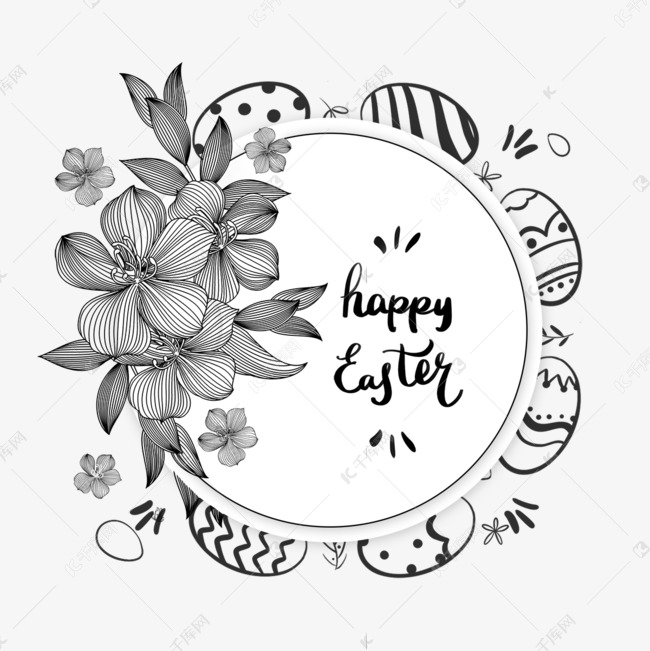 黑白线稿花卉圆形边框