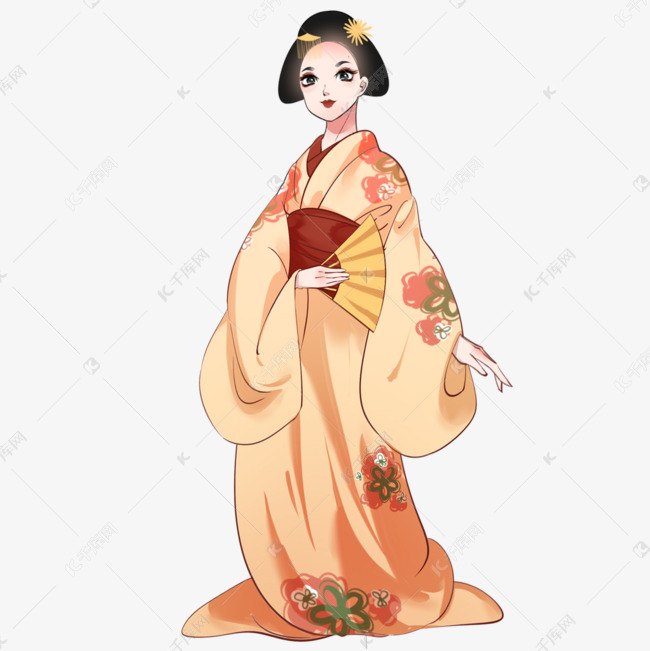 日本拿着扇子的艺妓卡通风格