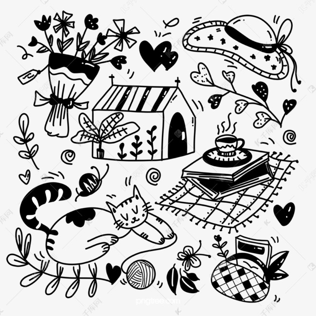 美好生活黑白单线涂鸦画素材图片免费下载-千库网