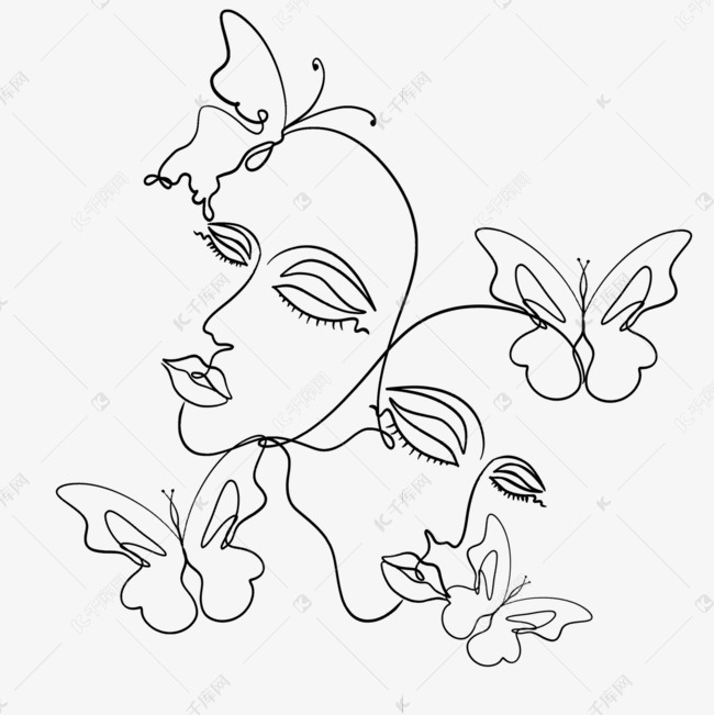 两张女士面孔抽象线条画蝴蝶人物