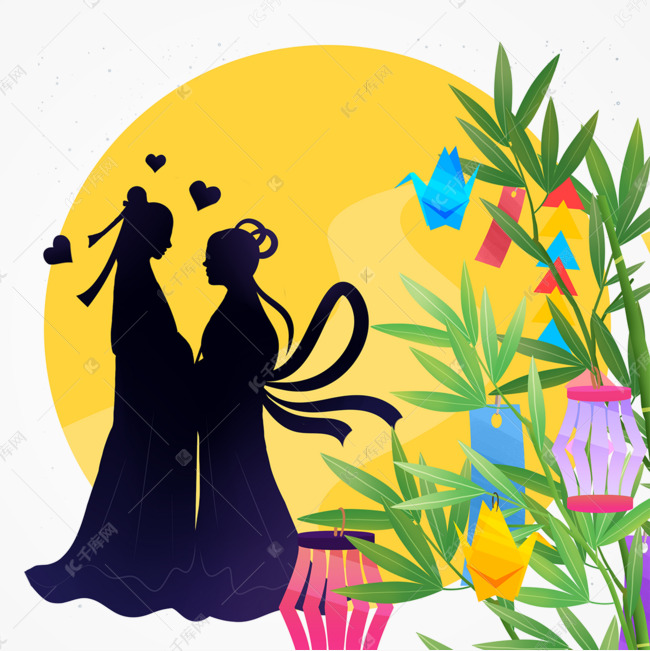 月亮前的情侣剪影