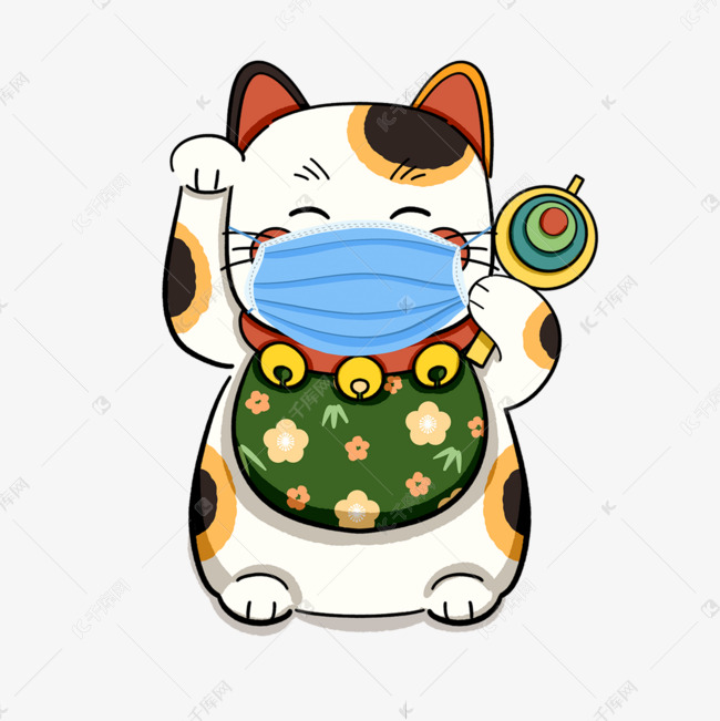 绿色招财猫戴口罩病毒防护