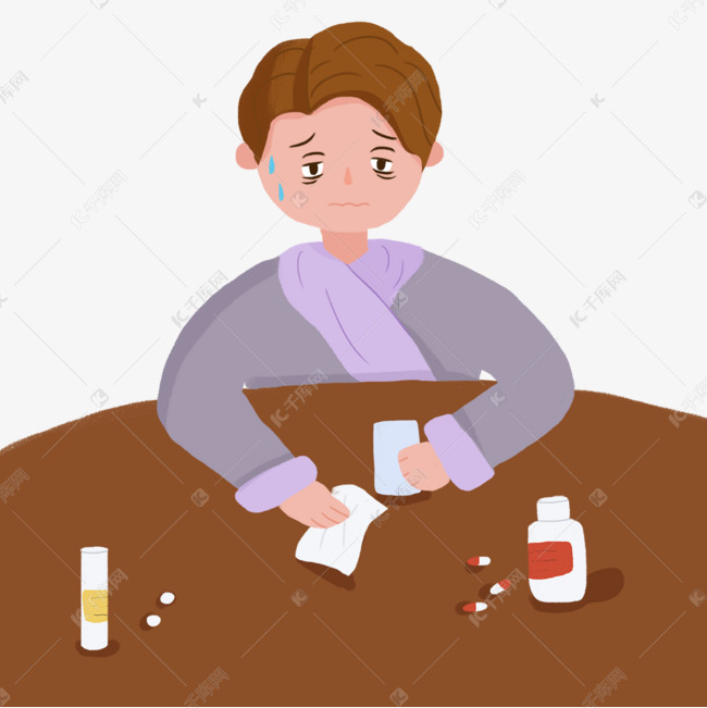 感冒生病正在吃药的男孩流感剪贴