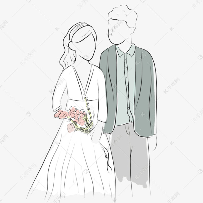 粉色捧花新人抽象线条婚礼