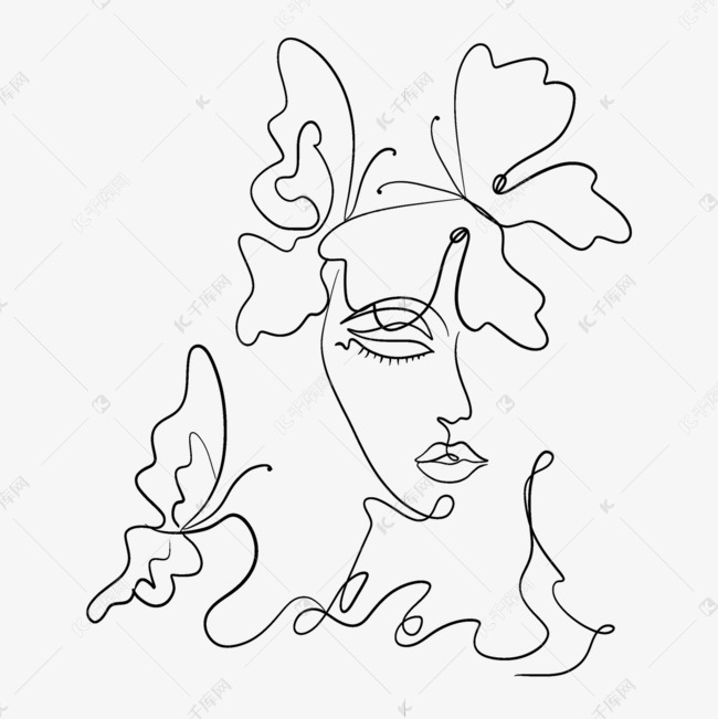 黑白线条素描抽象线条画蝴蝶人物