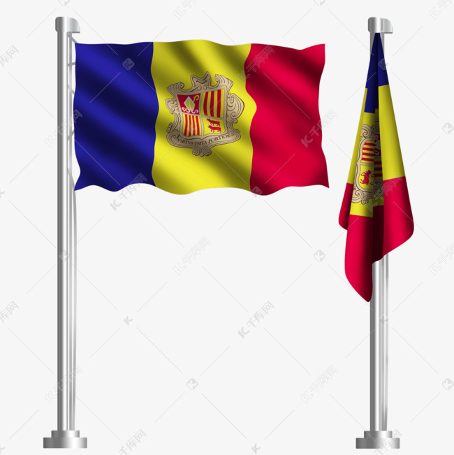 国徽蓝色黄色红色飘扬的安道尔公