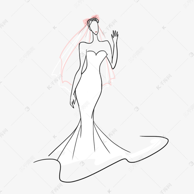 抽象线条画简约风格鱼尾裙婚礼人