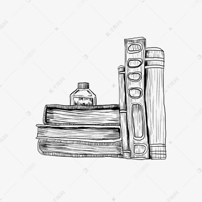 素描书桌上的复古书籍