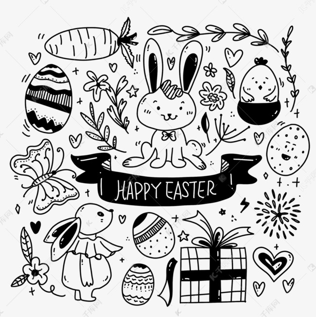 复活节涂鸦黑白线条画彩蛋兔子画