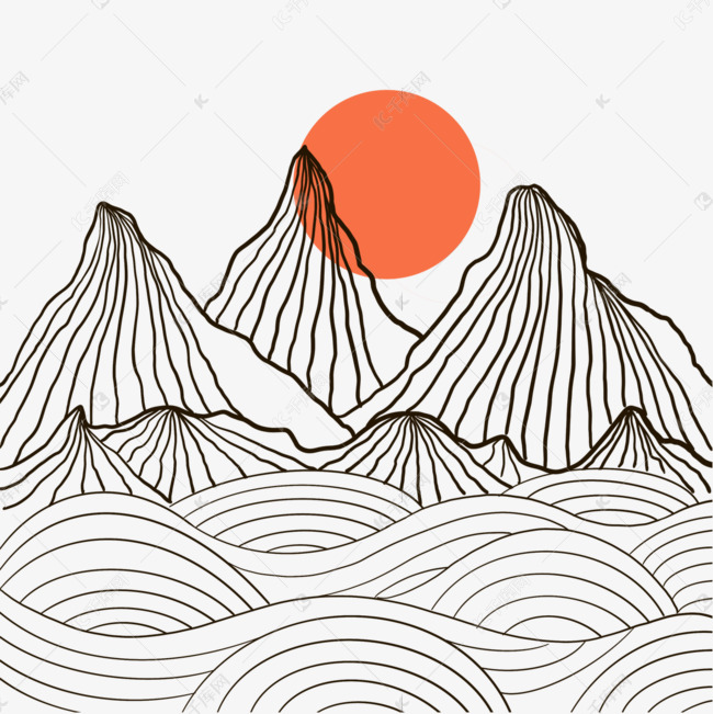 黑白线条山海日月和星辰素材2021-08-18发布,千库图