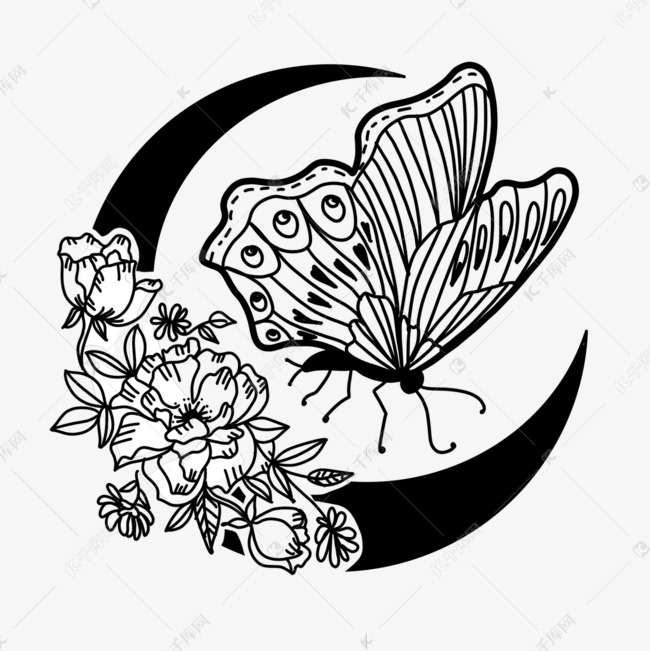 黑色线侧面蝴蝶花卉月亮剪影