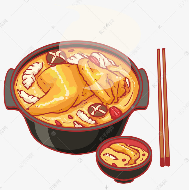 秋天养生食物食补鸡汤人参花胶鸡素材图片免费下载 高清卡通手绘psd 千库网 图片编号