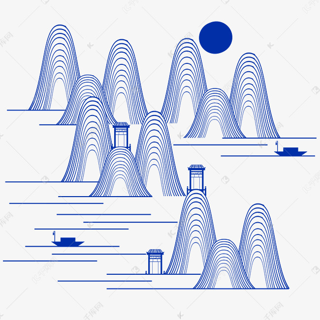 潮流克莱因蓝蓝色中式金色线条山水描金素材图片免费下载