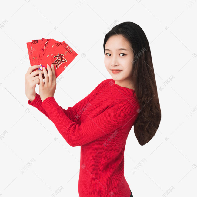 新年发红包长发红裙子美女