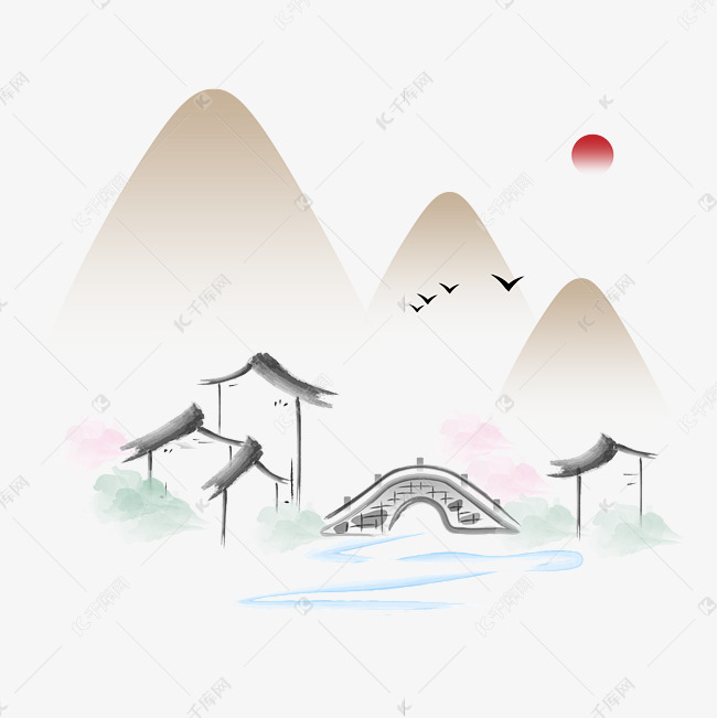 中式古风小桥流水山水图素材图片免费下载-千库网