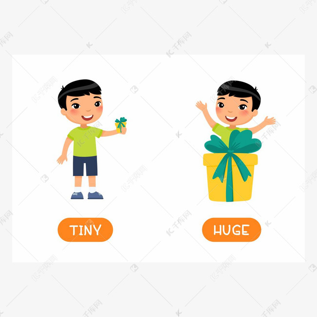 HUGE和TINY反义词闪存卡向量模板。相反的概念。男孩与大礼品盒和小礼品盒插图排版。Word card for english ...