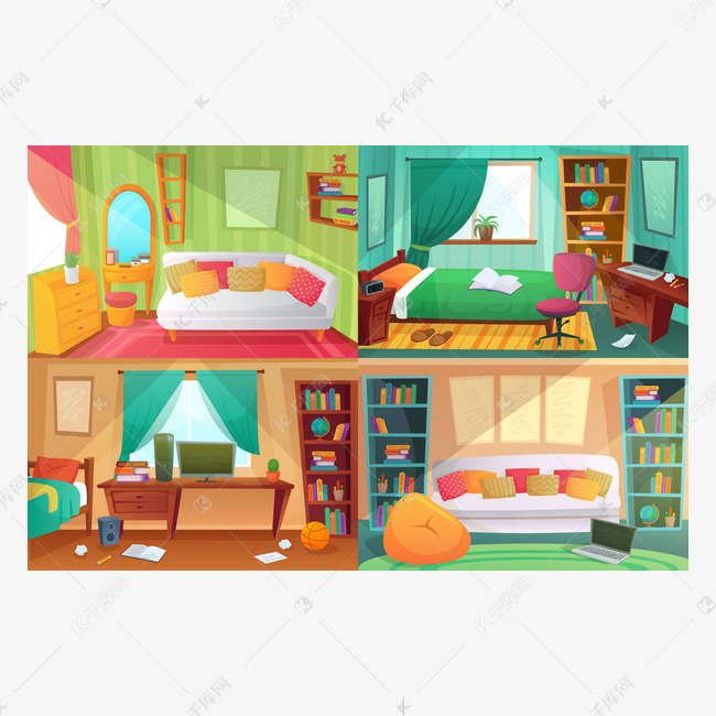 学生杂乱的房间, 青少年大学公寓和家庭房间家具卡通向量例证素材图片