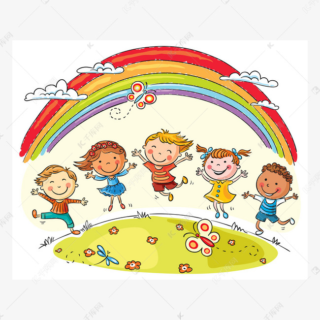 孩子们与喜悦在彩虹下跳