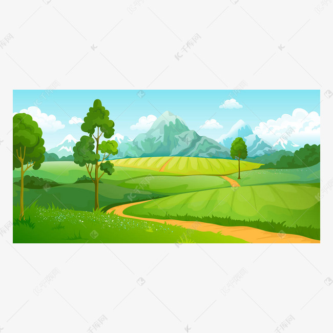 夏季山景 卡通自然绿色山景与蓝天树木和云彩 矢量农村背景素材图片免费下载 高清卡通手绘psd 千库网 图片编号
