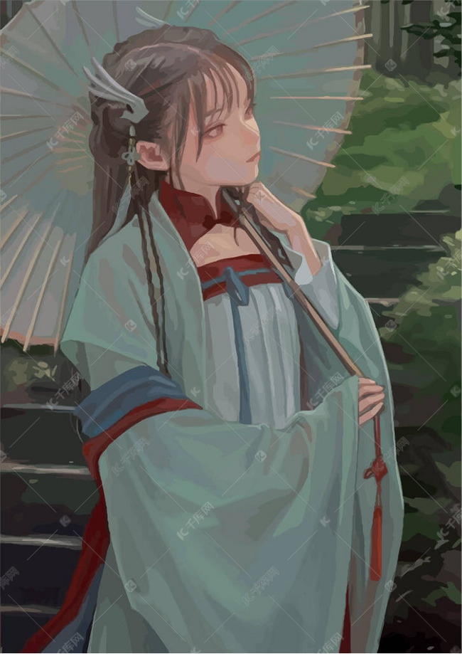 一个穿着和服拿着雨伞的可爱的动漫女艺妓. 素材图片免费下载-千库网