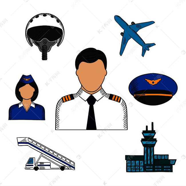 飞行员和航空手绘彩色图标，机长身着白色制服，周围环绕着空姐、飞机、飞行头盔、尖顶帽、机场大楼和飞机台阶。素材图片免费下载-千库网