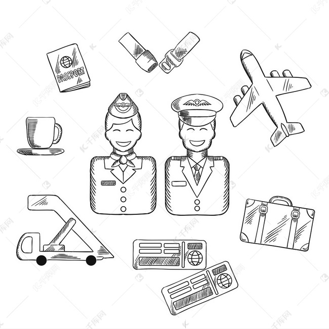 空中旅行和航空素描图标与面带微笑的空姐和飞行员穿着制服，周围环绕着护照和手提箱、飞机和安全带、机票和咖啡符号。素材图片免费下载-千库网
