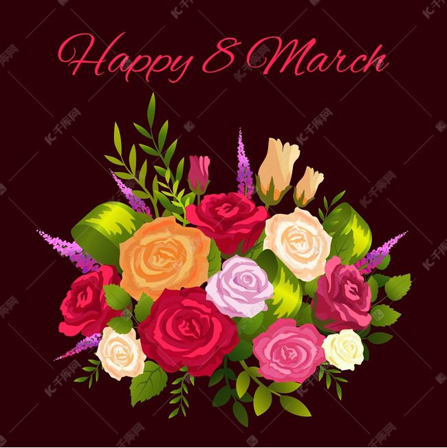 3 月8 日快乐 促销海报的标题和花束由玫瑰 飞燕草和树叶制成 标题和花朵矢量插图以红色隔开 素材图片免费下载 高清png 千库网 图片编号