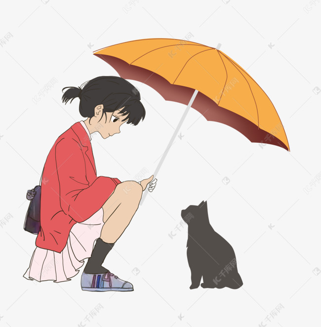 女孩为猫咪打伞