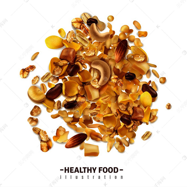 逼真的 muesli 超级食品分离背景与可编辑文本和水果谷物混合在空白表面矢量图素材图片免费下载千库网