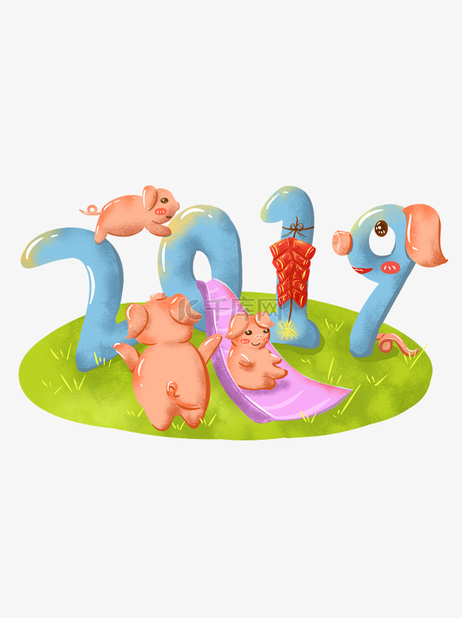 2019猪年游乐场小猪手绘卡通