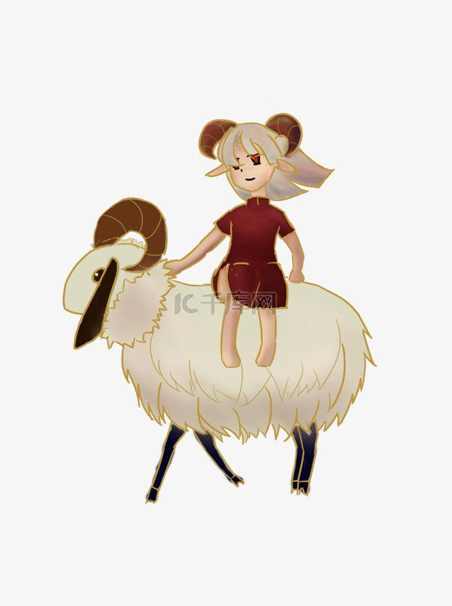 卡通手绘女孩坐在绵羊上元素