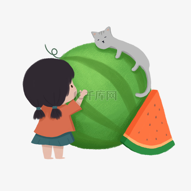 夏天女孩猫咪西瓜手绘免扣png