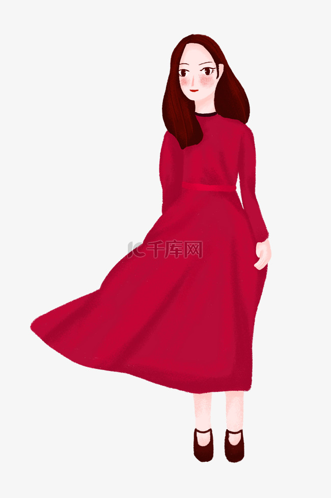 手绘卡通漂亮红裙子的女孩