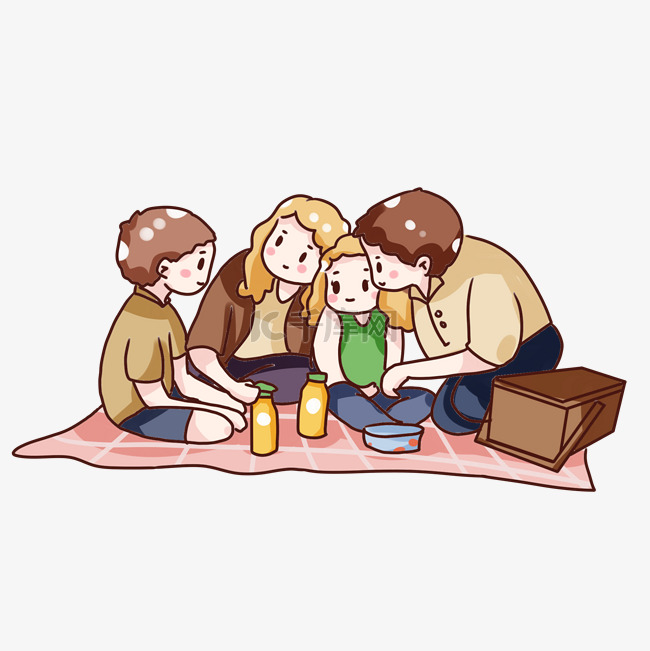 手绘卡通一家人秋游野餐