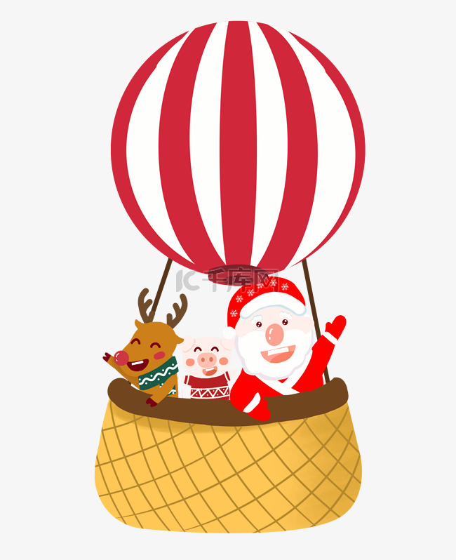 圣诞节卡通手绘乘坐热气球的圣诞
