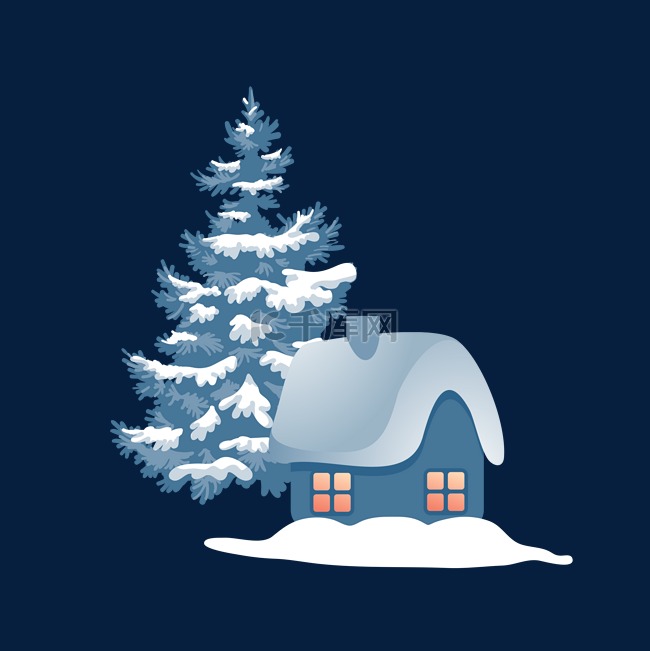 冬天雪景中的房子和树