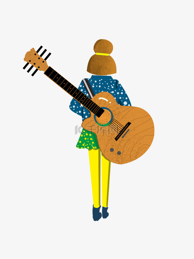 手绘卡通背着吉他的时尚女孩背影