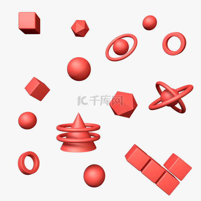 C4D红色立体几何图形球宝石点