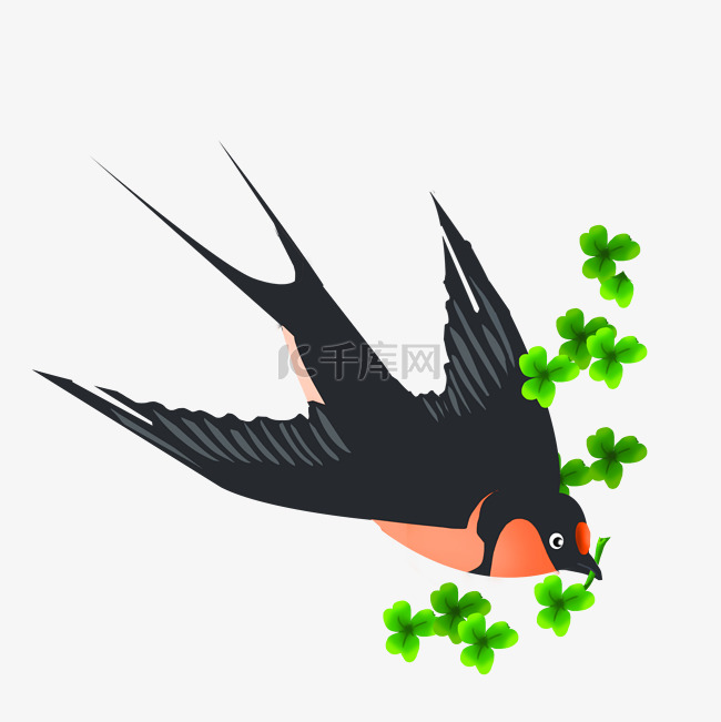 春季嘴里叼着绿叶的小燕子
