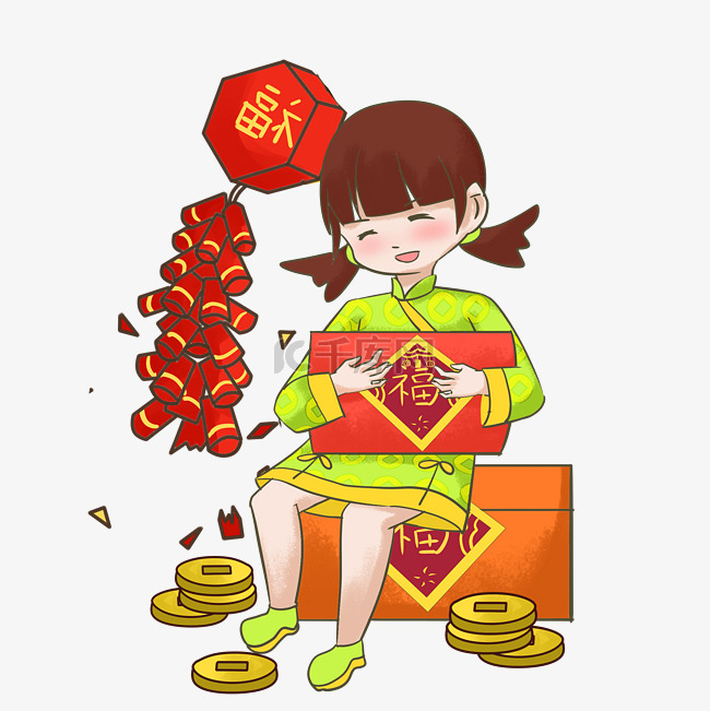 新年小女孩红包手绘插画