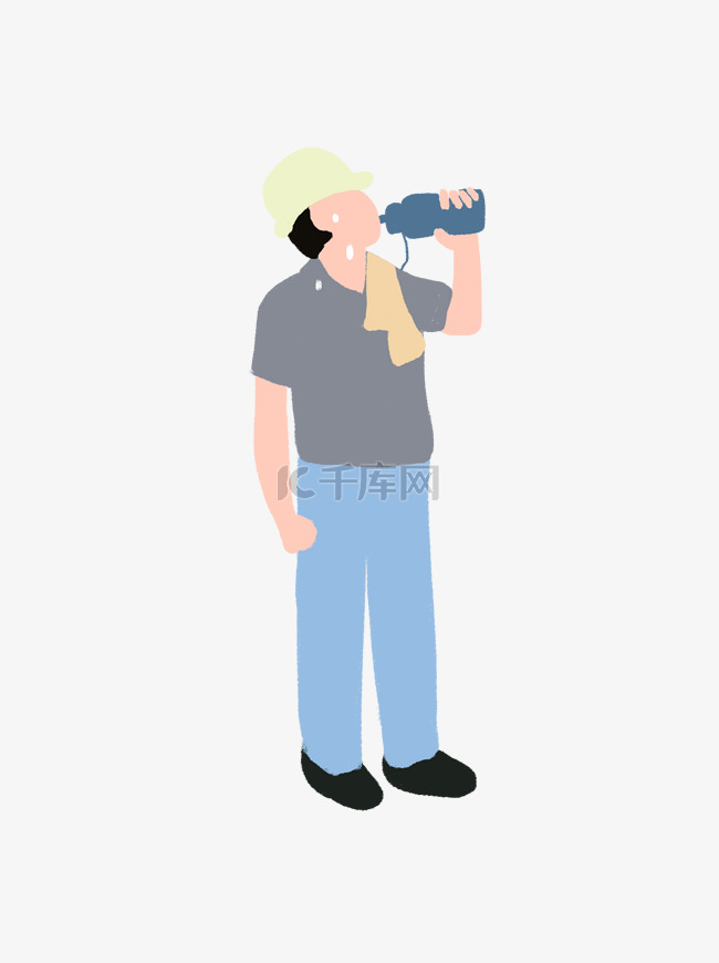 手绘卡通站立喝水的工人