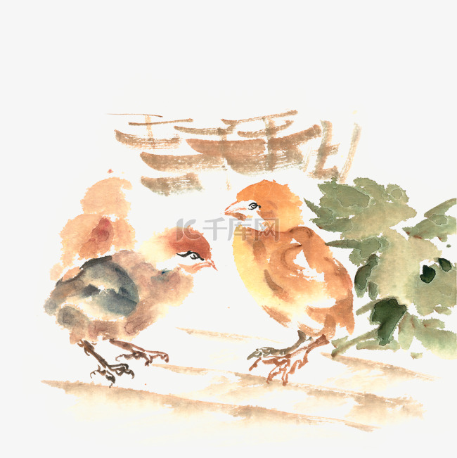 三只小鸡水墨画PNG免抠素材