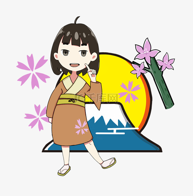 女孩日本游玩旅游插画