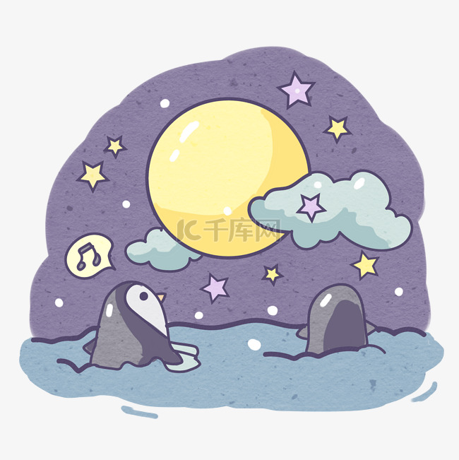 可爱南极小企鹅赏月