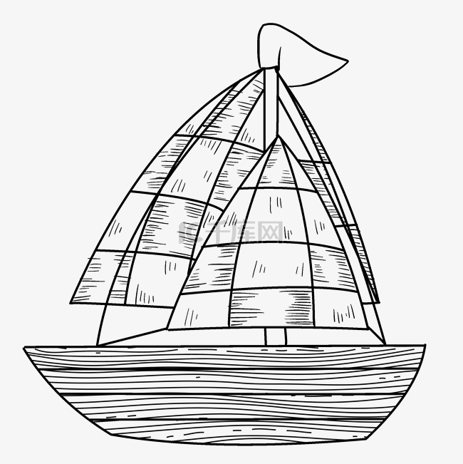 手绘线描木船插画