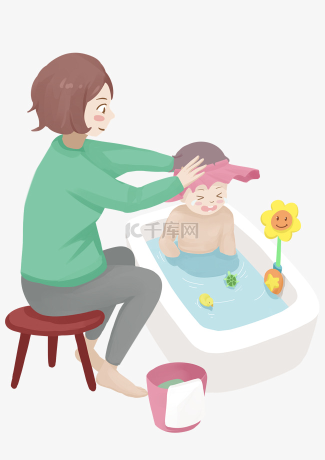 手绘给婴儿洗澡的母亲插画